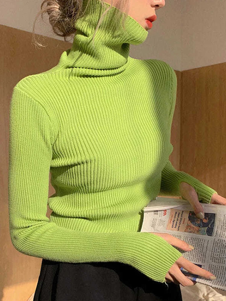 Knitted Sweater Women Korean Version Turtleneck Sweater Winter Solid Color Pullover Slimming Interior Lapping Warm Basic Tops