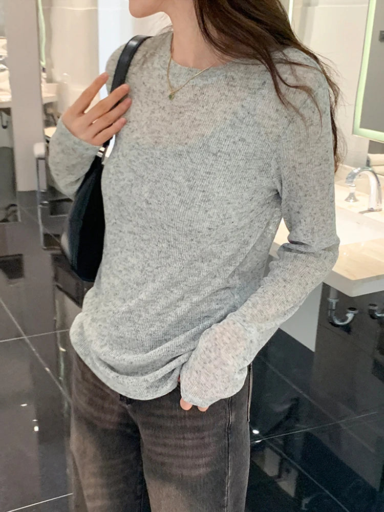 Sexy Knit See-through Women T shirt Tops Solid Long Sleeve O Neck Loose Tshirts Female Casual Streetwear Base Solid Tees