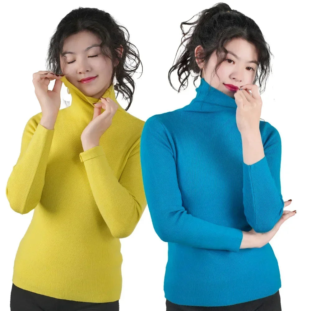 Women Long Sleeve Sweater High Collar Thermal Tops Turtleneck Woman Winter Thin Slim Jumpers Choker Sweaters XMAS Gift 2025 New