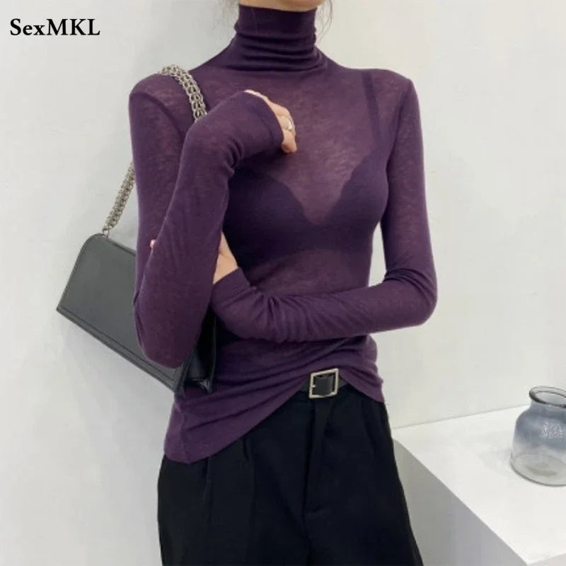 New Fashion Basic Turtleneck Long Sleeve Women T-shirt Autumn Winter Long Sleeve Slim Stretch Tops Ladies Sexy Tees Plus Size