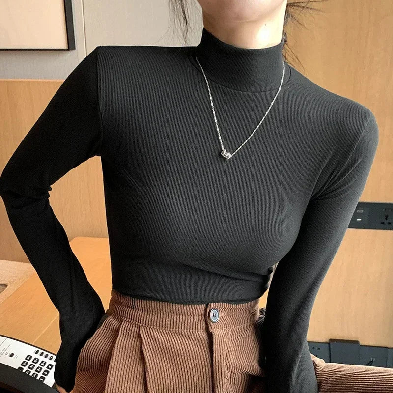 Autumn Women Pullover Sweater Fashion Half Turtleneck Knitted Female Jumper Long Sleeve Winter Black Soft Elastic Blouse