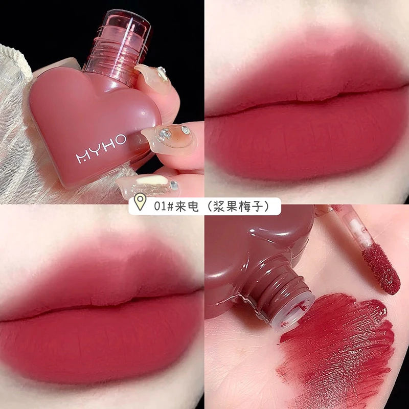 MYHO Heart Shape Mousse Matte Lipstick Liquid Lip Gloss Waterproof Long Lasting Women Heart Lip Tint Student Beauty Cosmetic