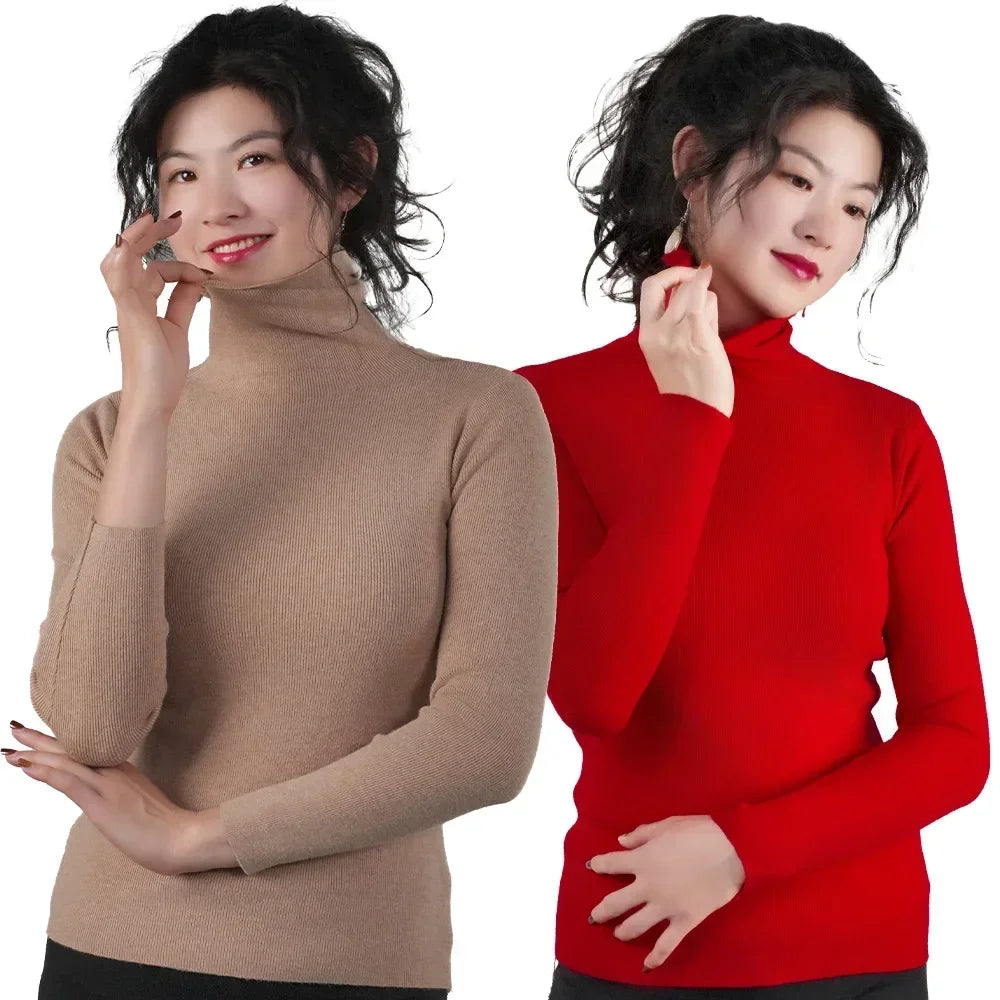 Women Long Sleeve Sweater High Collar Thermal Tops Turtleneck Woman Winter Thin Slim Jumpers Choker Sweaters XMAS Gift 2025 New