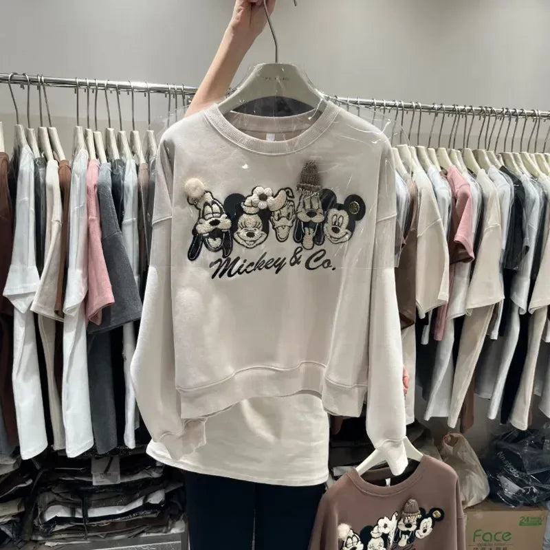 Disney Clothes Mickey Embroidered Round Neck Pullover Women Design Fleece Sweatshirt Y2k Female Fashion Short Style Topsdis