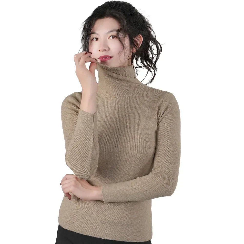 Women Long Sleeve Sweater High Collar Thermal Tops Turtleneck Woman Winter Thin Slim Jumpers Choker Sweaters XMAS Gift 2025 New