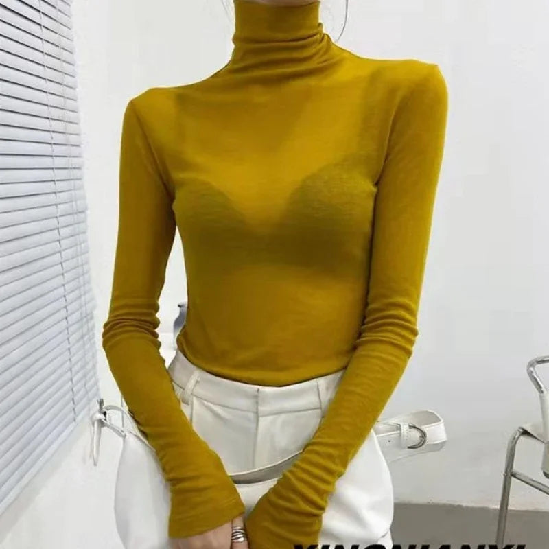 New Fashion Basic Turtleneck Long Sleeve Women T-shirt Autumn Winter Long Sleeve Slim Stretch Tops Ladies Sexy Tees Plus Size