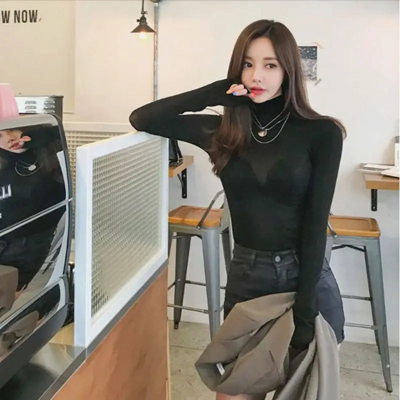 Sexy Skinny Turtleneck Long Sleeve T-shirt See-through Shirts Bottom Shirt Black White Tops Lightweight Women Clothing Harajuku