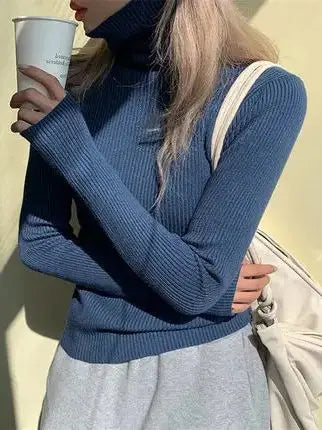 Knitted Sweater Women Korean Version Turtleneck Sweater Winter Solid Color Pullover Slimming Interior Lapping Warm Basic Tops