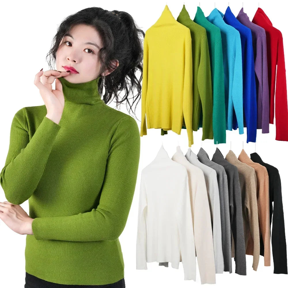 Women Long Sleeve Sweater High Collar Thermal Tops Turtleneck Woman Winter Thin Slim Jumpers Choker Sweaters XMAS Gift 2025 New