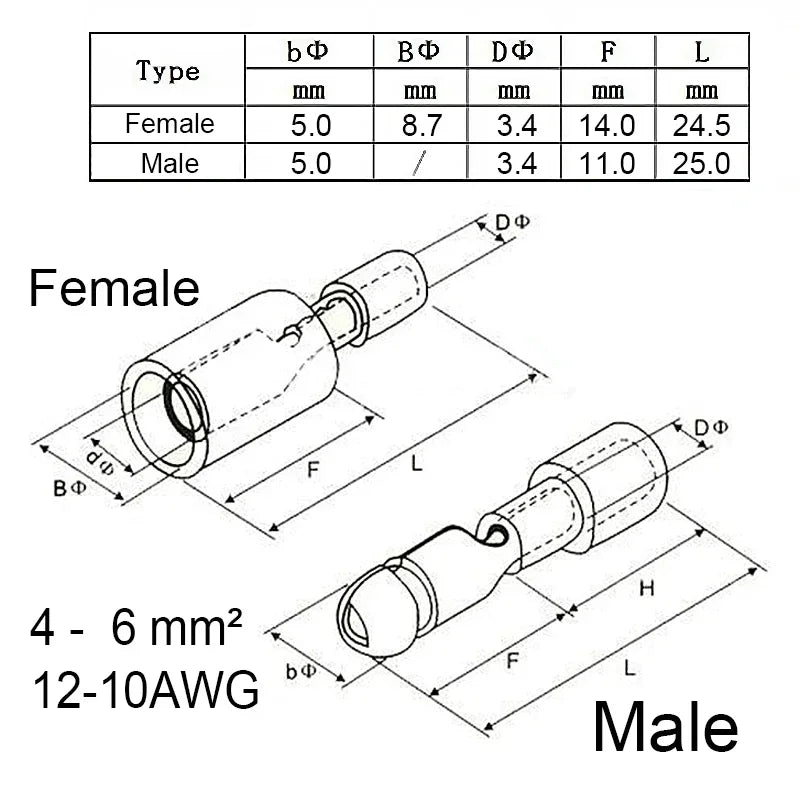 50Pcs Bullet Terminals Crimp Connector Elelctric Terminals for Wire Terminal Butt Splice Electrical Cable Conector Male Female