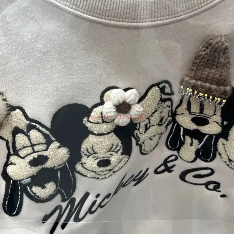 Disney Clothes Mickey Embroidered Round Neck Pullover Women Design Fleece Sweatshirt Y2k Female Fashion Short Style Topsdis