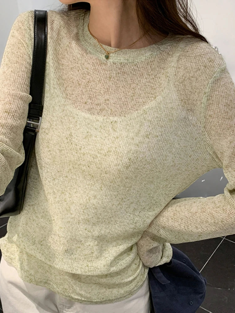 Sexy Knit See-through Women T shirt Tops Solid Long Sleeve O Neck Loose Tshirts Female Casual Streetwear Base Solid Tees