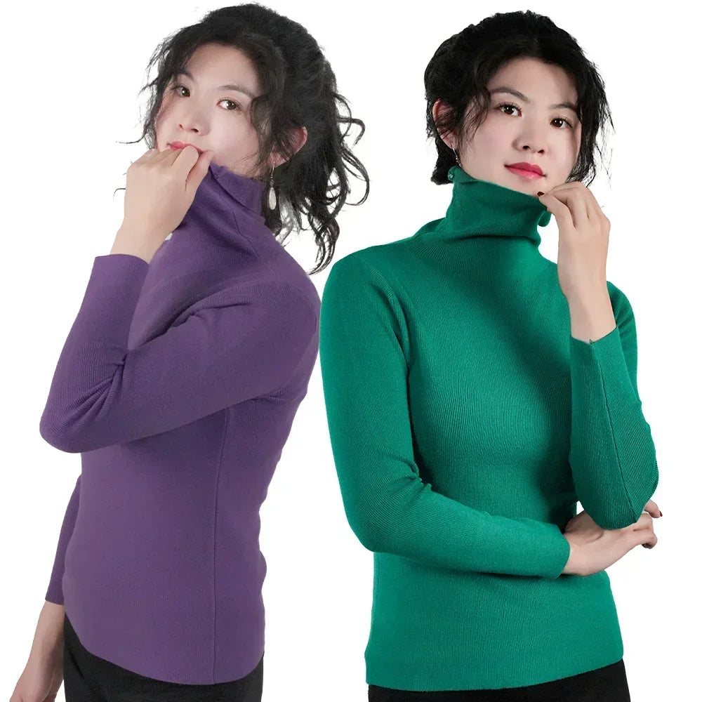 Women Long Sleeve Sweater High Collar Thermal Tops Turtleneck Woman Winter Thin Slim Jumpers Choker Sweaters XMAS Gift 2025 New