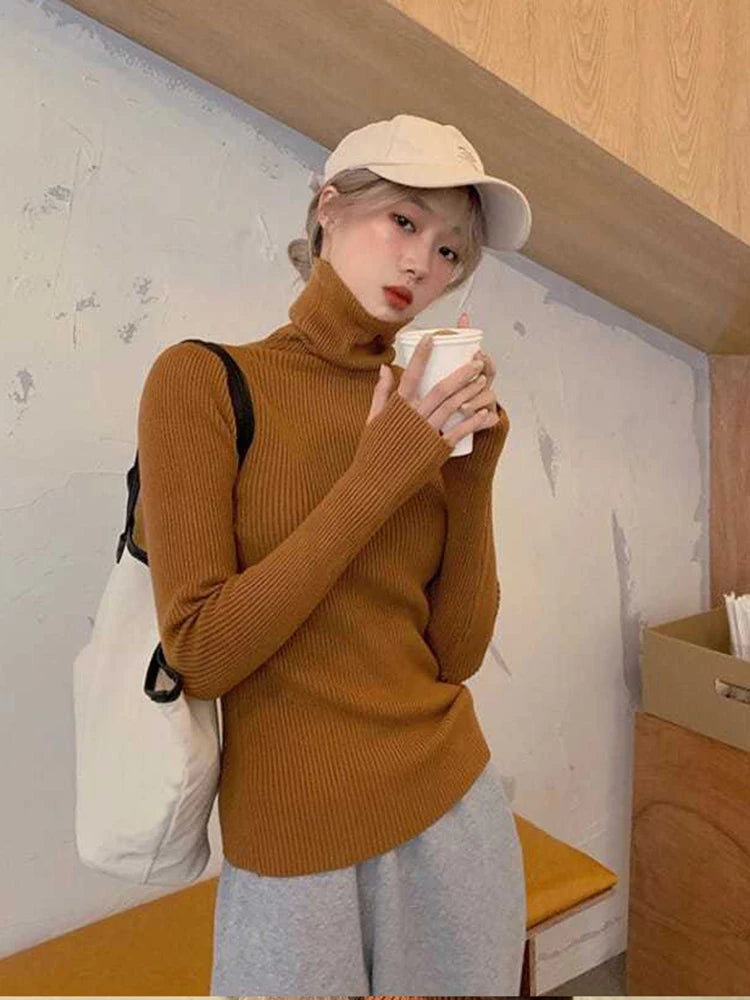 Knitted Sweater Women Korean Version Turtleneck Sweater Winter Solid Color Pullover Slimming Interior Lapping Warm Basic Tops