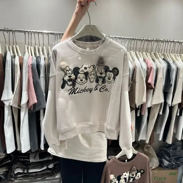 Disney Clothes Mickey Embroidered Round Neck Pullover Women Design Fleece Sweatshirt Y2k Female Fashion Short Style Topsdis