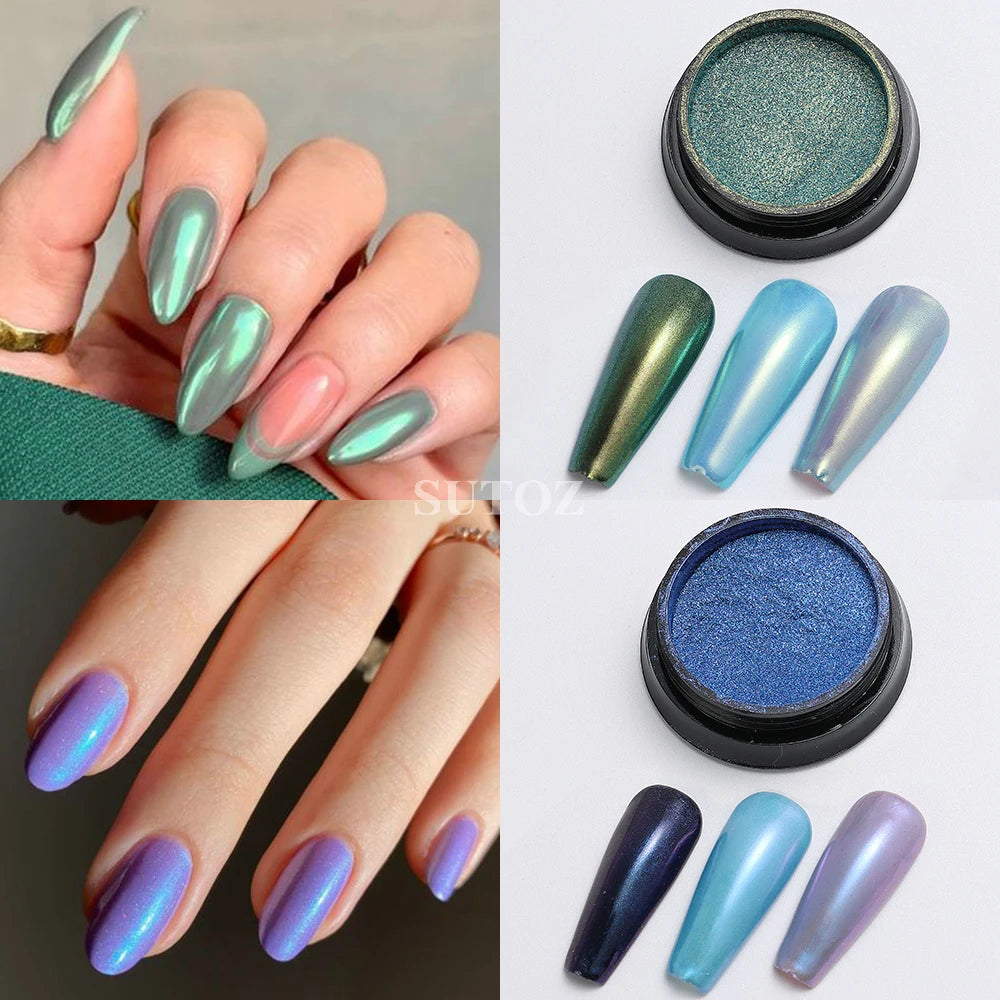 Aurora Chrome Nail Powder Blue Mermaid Rubbing Dust Chameleon Mirror Effect for Nails Fine Glitter Pigment Manicure Material BBX