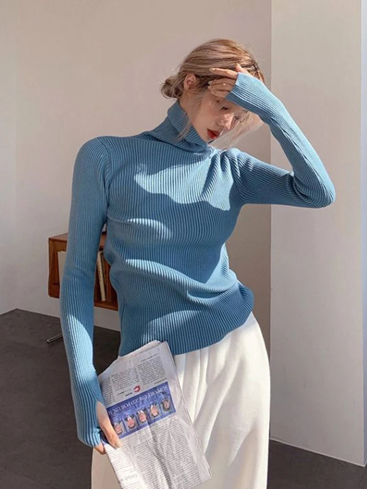 Knitted Sweater Women Korean Version Turtleneck Sweater Winter Solid Color Pullover Slimming Interior Lapping Warm Basic Tops