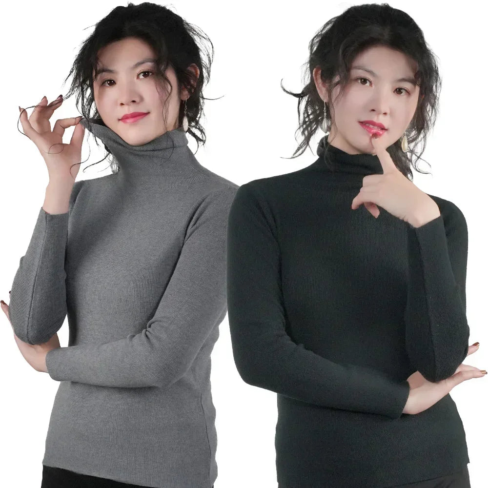 Women Long Sleeve Sweater High Collar Thermal Tops Turtleneck Woman Winter Thin Slim Jumpers Choker Sweaters XMAS Gift 2025 New