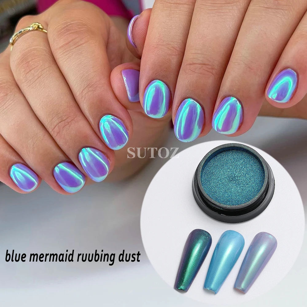 Aurora Chrome Nail Powder Blue Mermaid Rubbing Dust Chameleon Mirror Effect for Nails Fine Glitter Pigment Manicure Material BBX