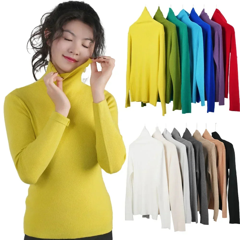 Women Long Sleeve Sweater High Collar Thermal Tops Turtleneck Woman Winter Thin Slim Jumpers Choker Sweaters XMAS Gift 2025 New