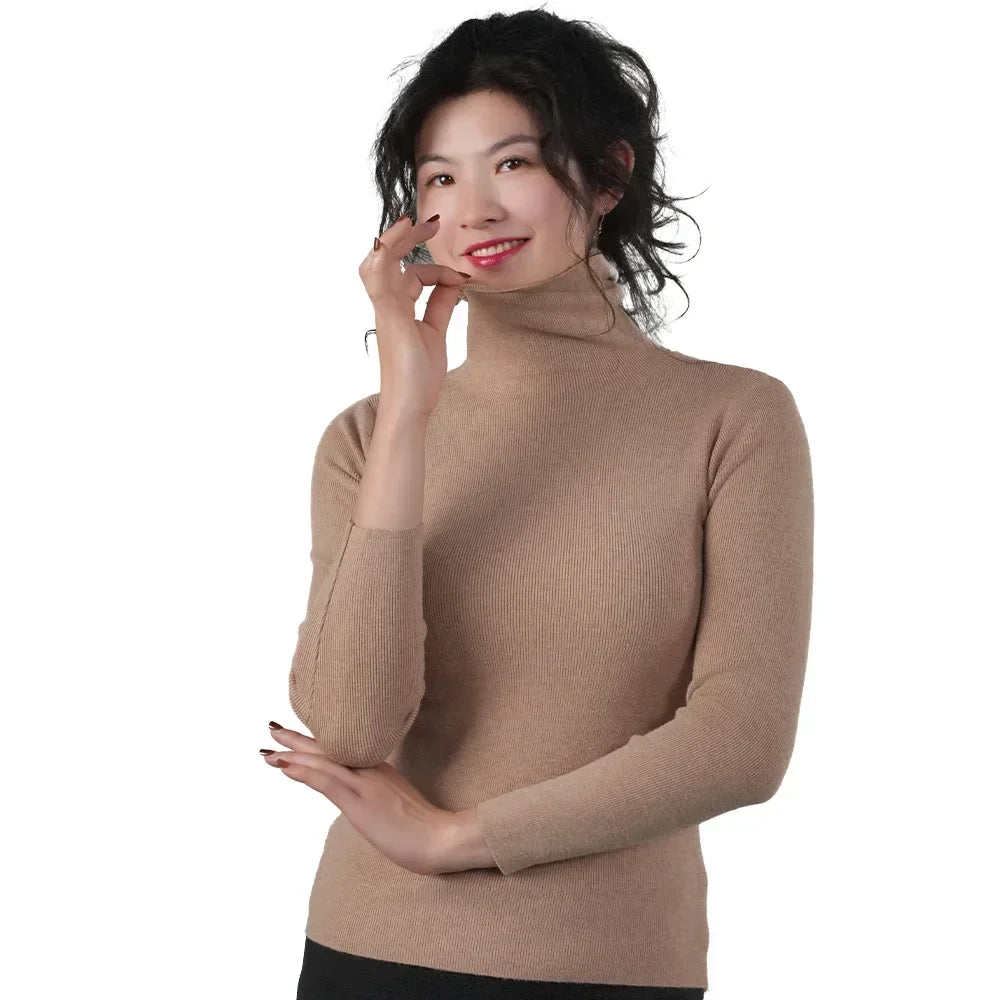 Women Long Sleeve Sweater High Collar Thermal Tops Turtleneck Woman Winter Thin Slim Jumpers Choker Sweaters XMAS Gift 2025 New