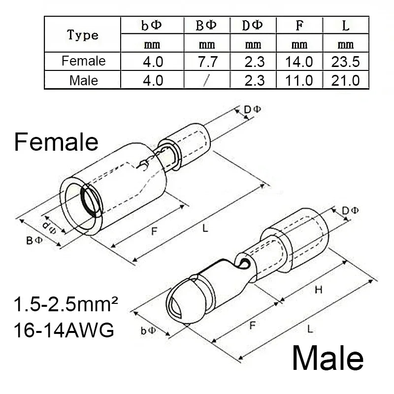 50Pcs Bullet Terminals Crimp Connector Elelctric Terminals for Wire Terminal Butt Splice Electrical Cable Conector Male Female