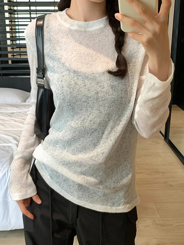 Sexy Knit See-through Women T shirt Tops Solid Long Sleeve O Neck Loose Tshirts Female Casual Streetwear Base Solid Tees