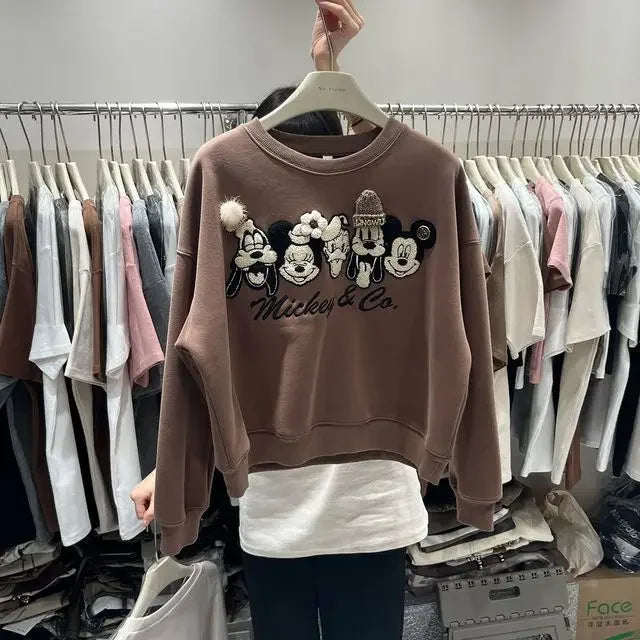 Disney Clothes Mickey Embroidered Round Neck Pullover Women Design Fleece Sweatshirt Y2k Female Fashion Short Style Topsdis