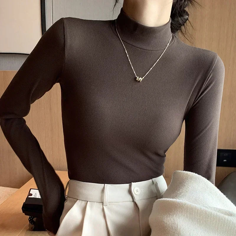 Autumn Women Pullover Sweater Fashion Half Turtleneck Knitted Female Jumper Long Sleeve Winter Black Soft Elastic Blouse